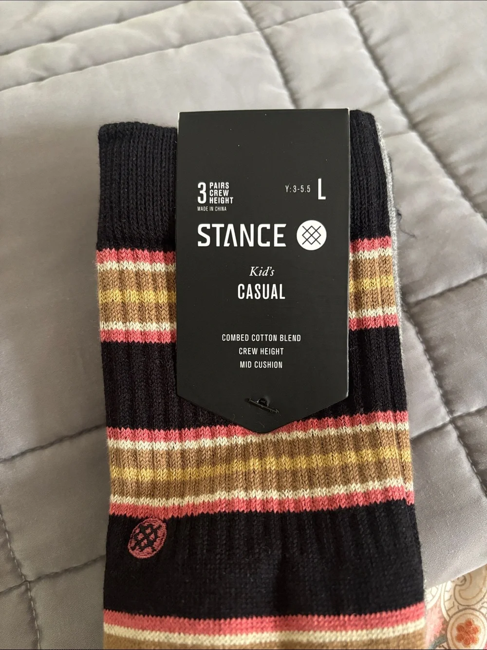Stance Kid’s Casual Socks Size L - Black, Gray, Cream, Coral & Teal Accents